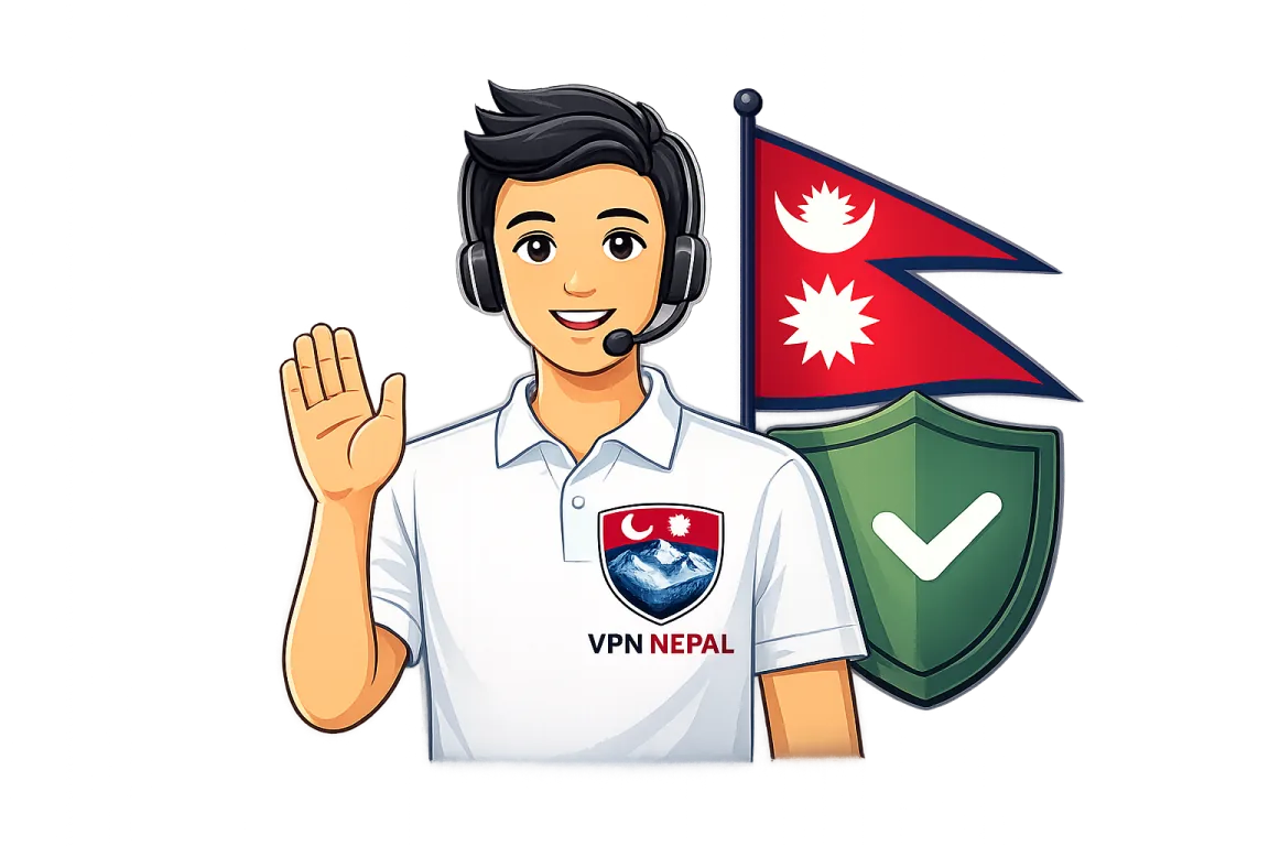 VPNNepal support representative with Nepal flag and privacy shield